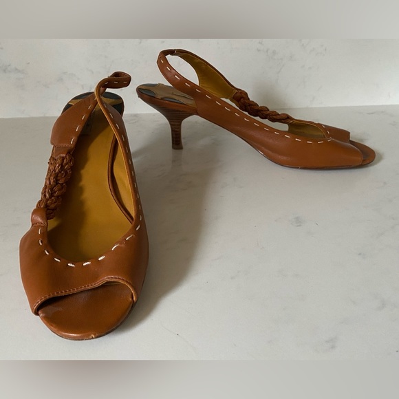 Max Studio Kylie 2 Cognac Leather Braided Slingback Open Peep Toe Heels Shoes 8 - Picture 5 of 9